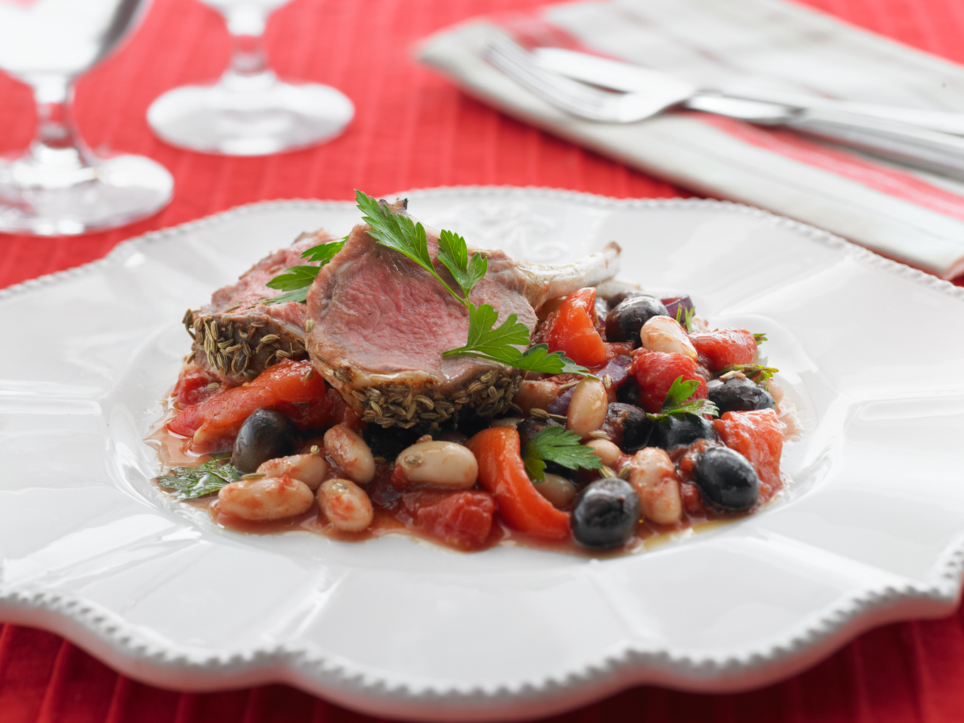 Spiced Lamb Racks with Saucy Cannellini Beans