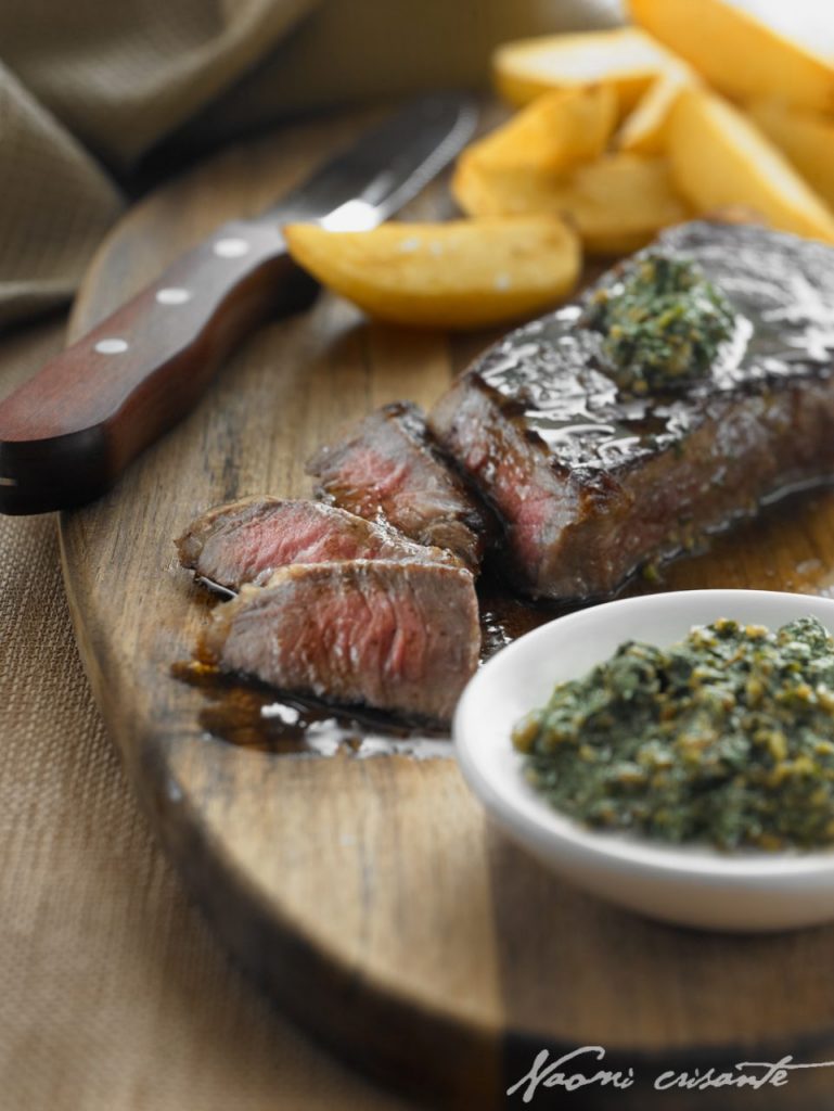 Chargrilled Steak with Fat Chips and Basil Pesto
