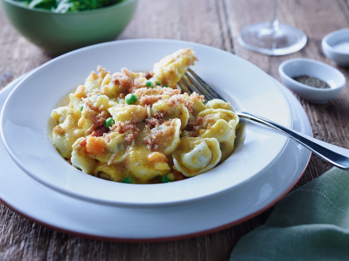 Pumpkin, Pea and Bacon Tortellini with Toasted Crumbs