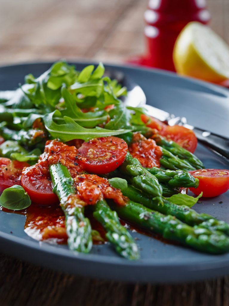 Asparagus and Tomato Salad with Capsicum Dressing