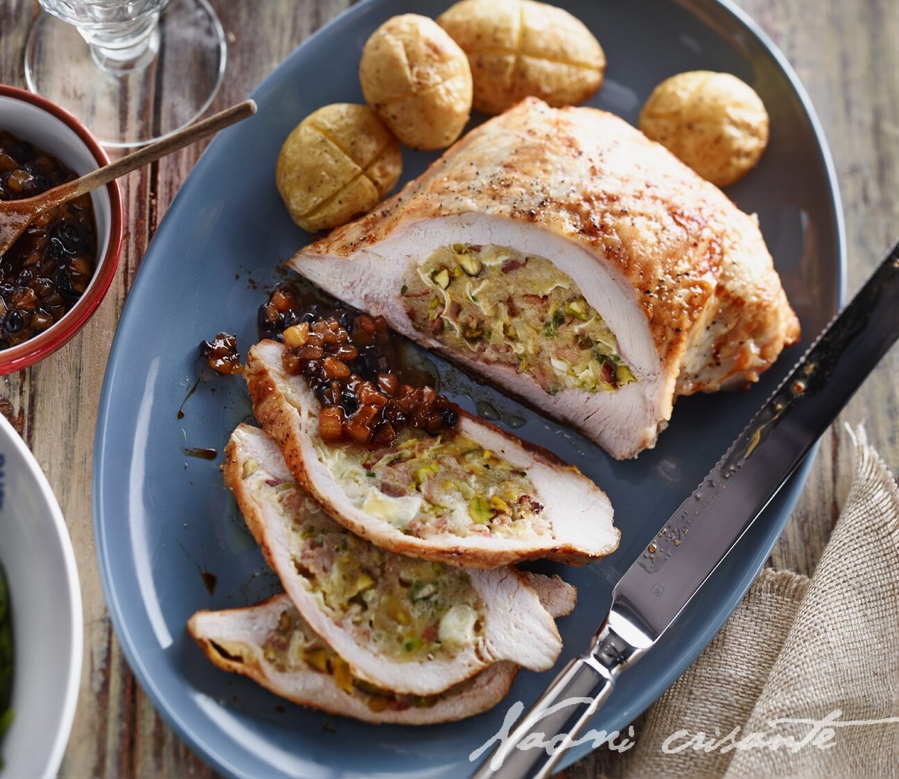 Camembert and Fennel Turkey Fillet with Pear, Currant and Fig Compote