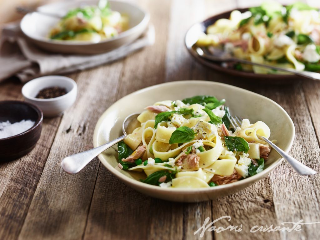 Tuna, Pea and Basil Pappardelle with Feta Cheese