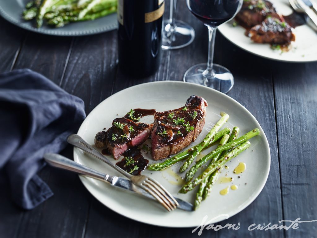 Beef Steak with Thyme Balsamic Jus and Chargrilled Asparagus