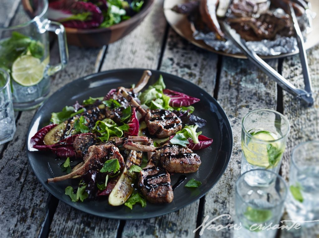 Peppery Balsamic Lamb Cutlets with Chargrilled Eggplant and Mixed Leaves