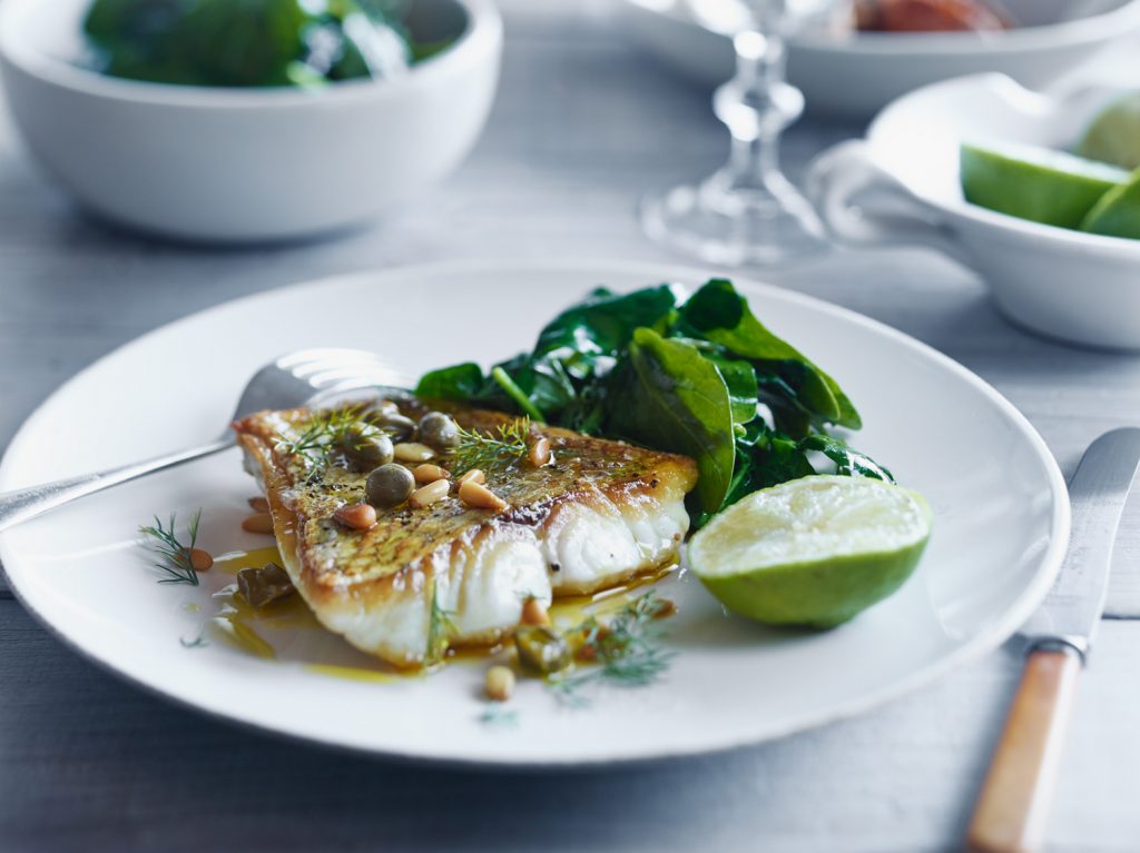 Crisp Skin Fish with Capers, Pine Nuts and Garlic Spinach