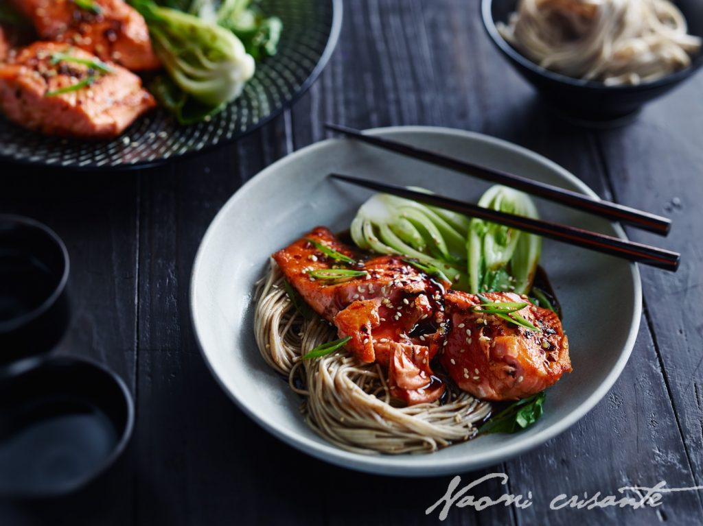 Chilli Seared Salmon with Soba Noodles and Honeyed Balsamic Sauce