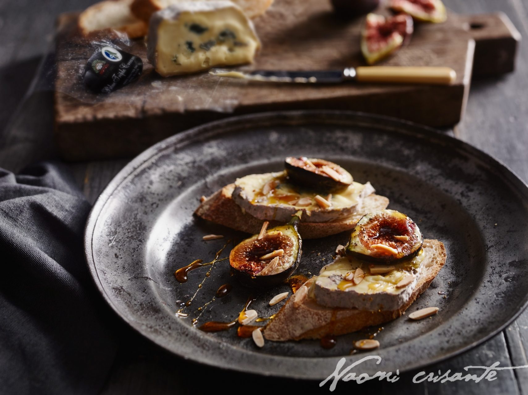 Triple Cream Blue on Baguette with Grilled Figs and Almonds
