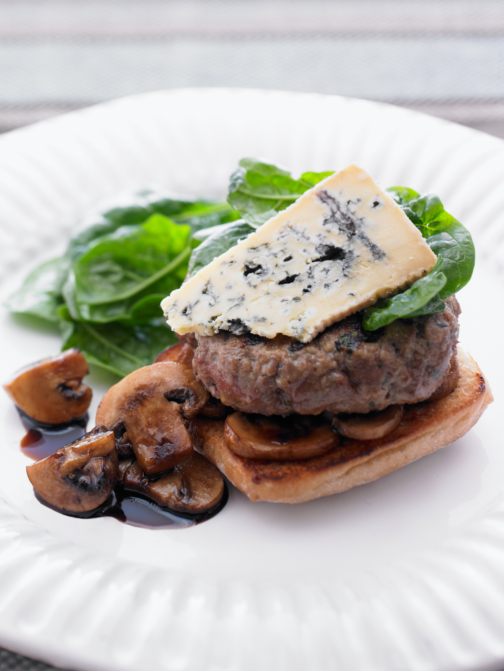 Blue Beef Burger with Balsamic Mushrooms and Spinach
