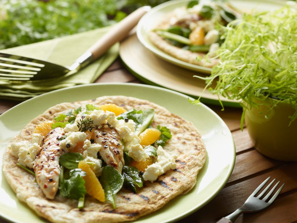 Chargilled Chicken Pitas with Spinach, Orange and Persian Fetta