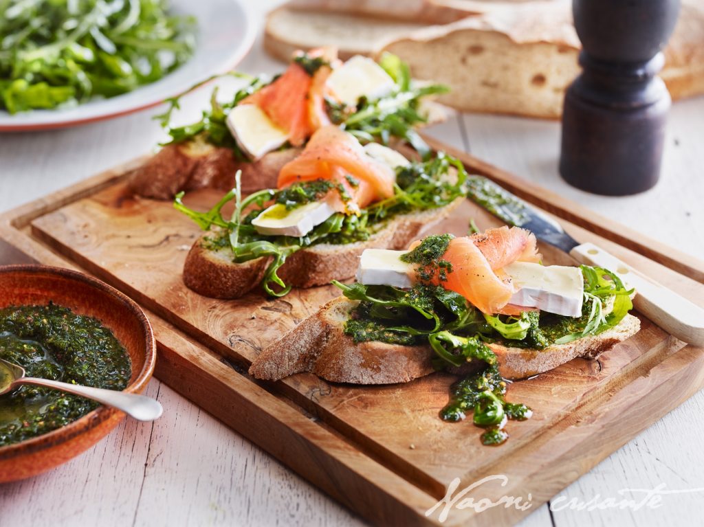 Smoked Salmon, Brie and Rocket on Baguette with Pesto Dressing