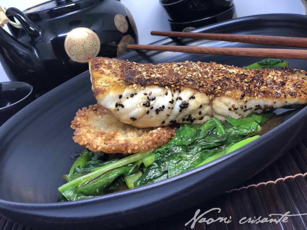 Sesame Fish with Soy Butter, Asian Greens and Crispy Rice Cakes