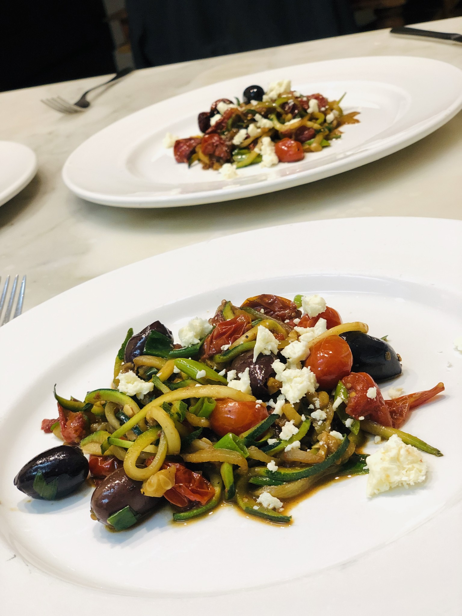 Zoodles with Tomato, Olives and Feta