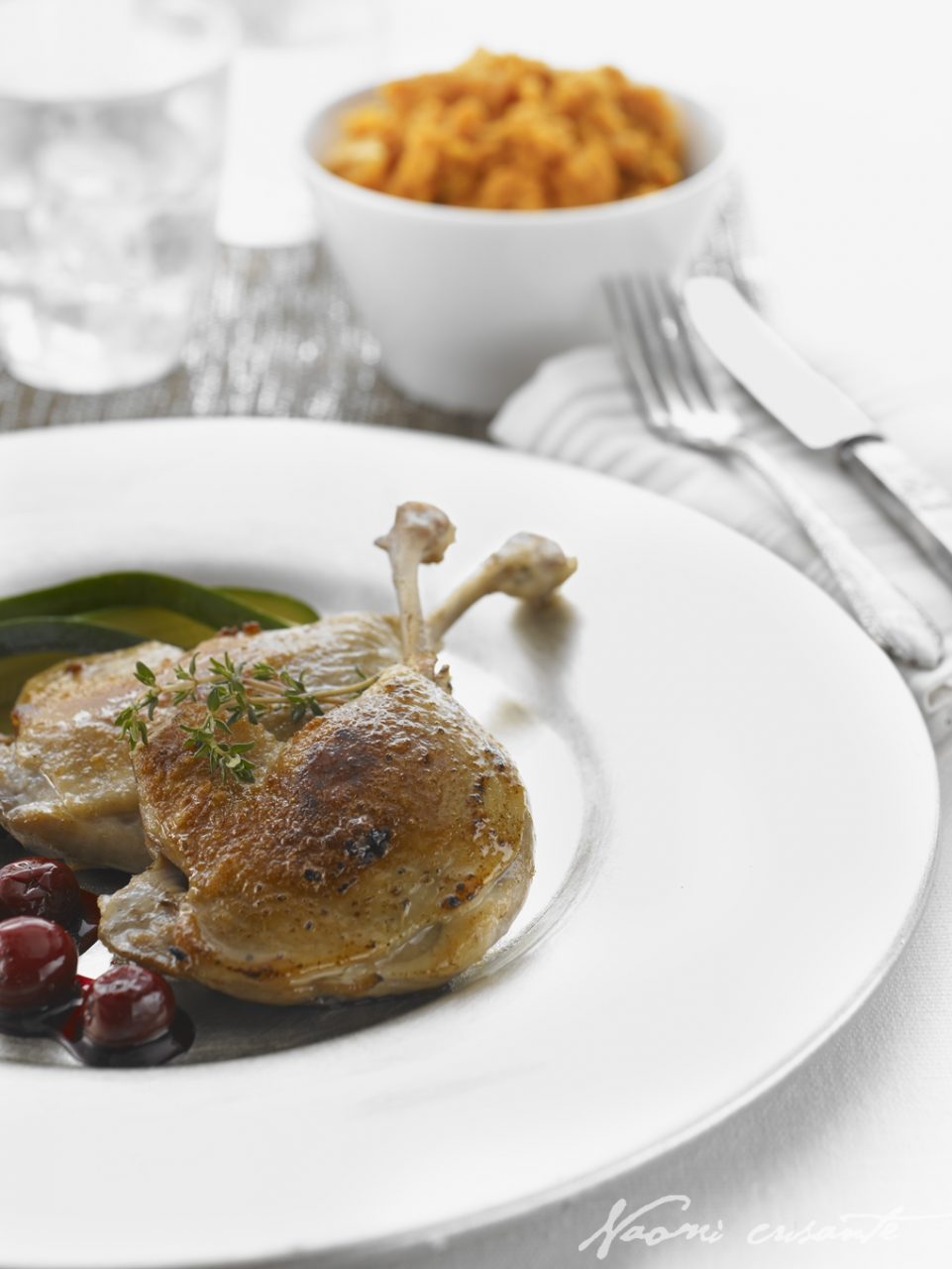 Duck Confit with Pinot Cherries and Roast Sweet Potato Mash