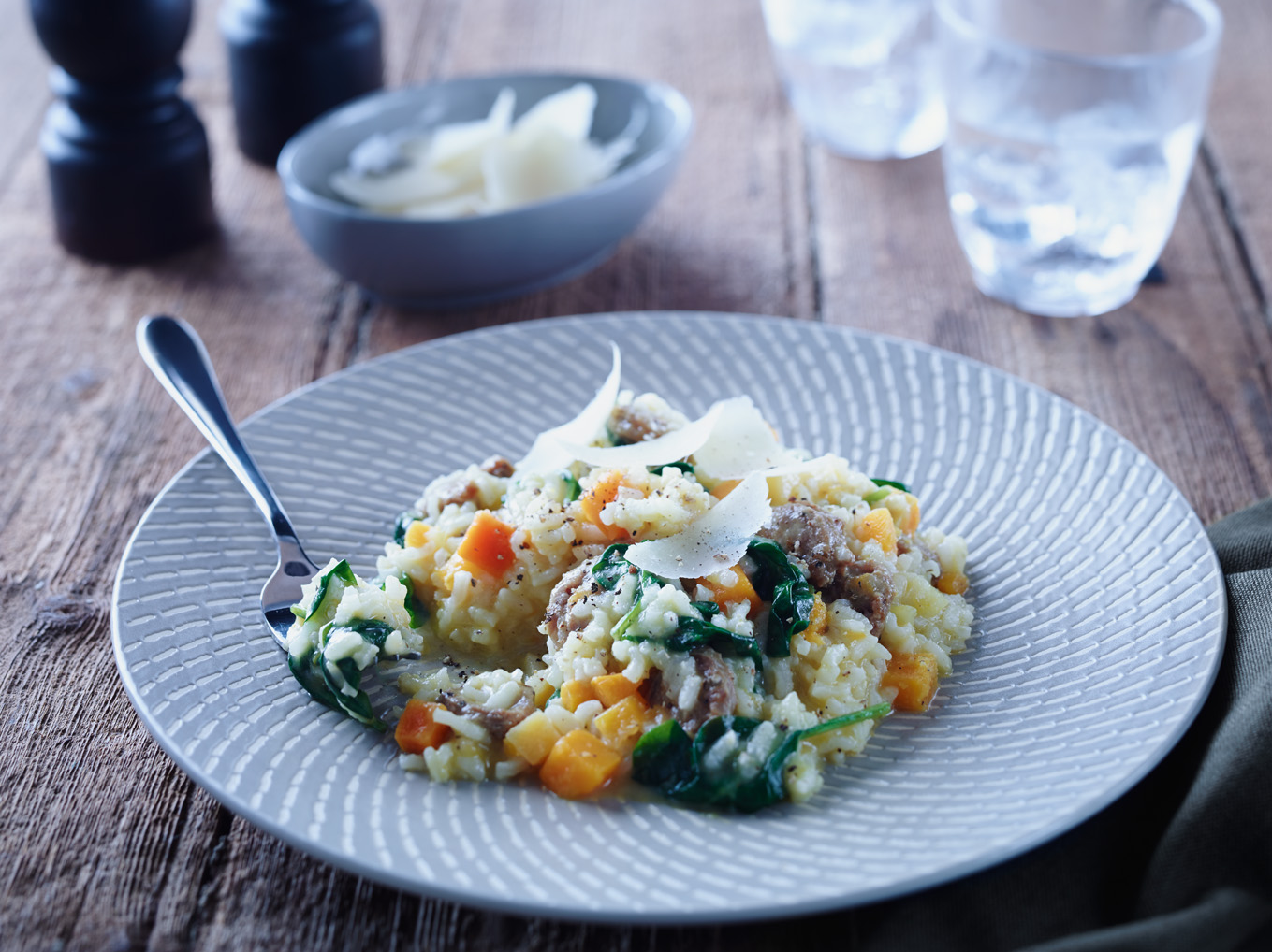 Italian Sausage, Pumpkin and Spinach Risotto