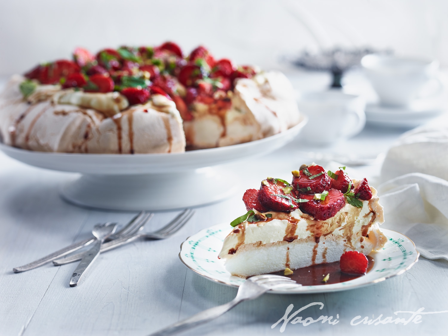 Rosewater Pavlova with Balsamic Strawberries and Pistachios
