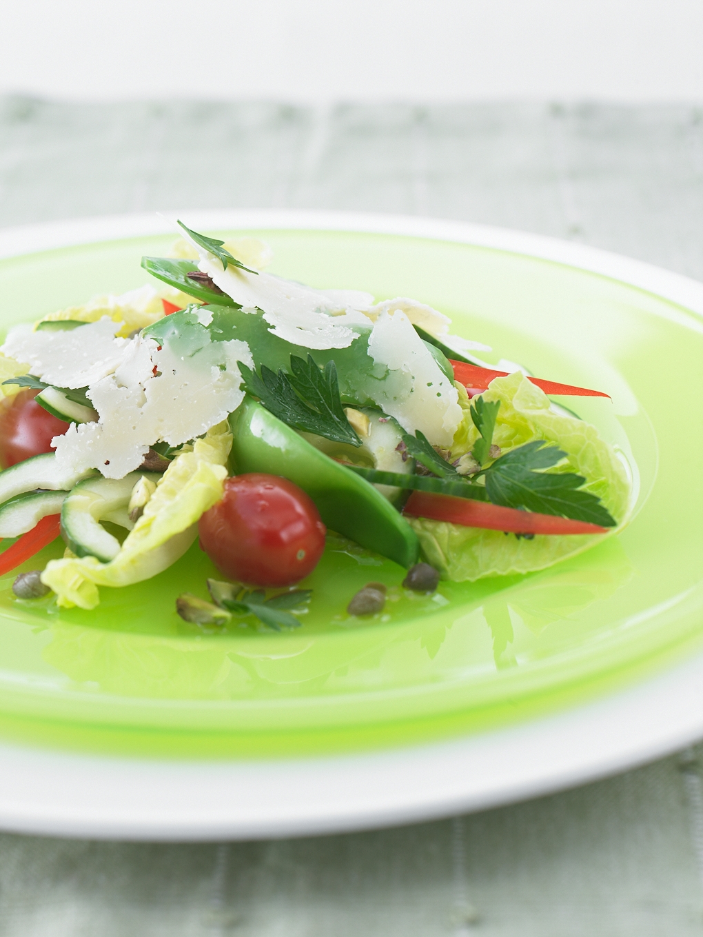 Snow Pea, Parmesan and Pistachio Salad with Caper Dressing