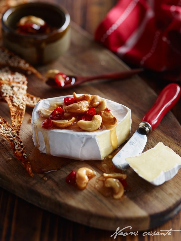 Oval Brie with Honeyed Chilli Cashews and Sesame Crisps
