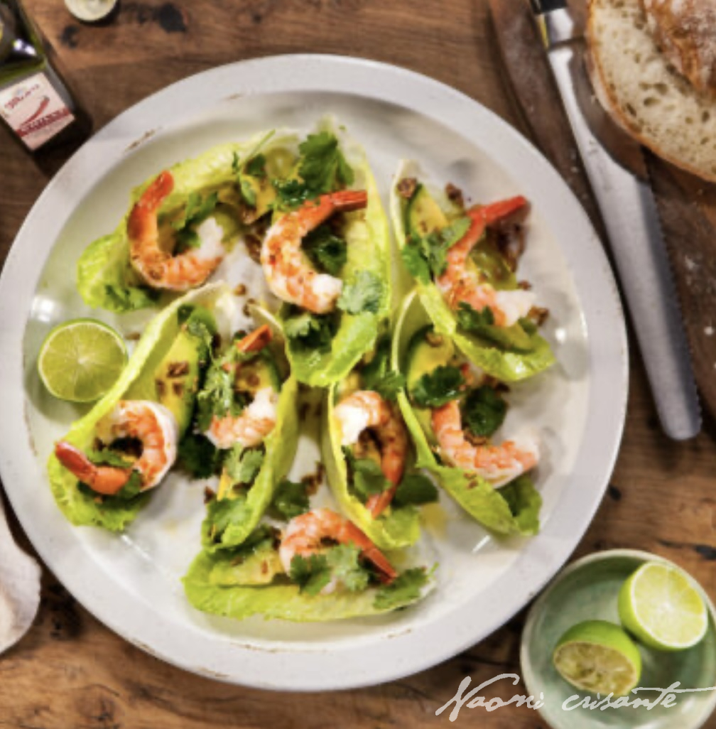 Chilli Prawns with Avocado in Cos Leaves