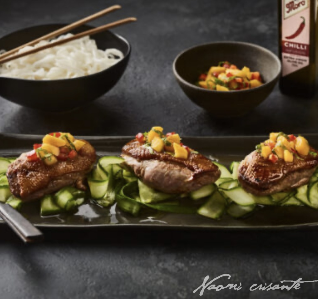 Crispy Duck Breast with Chilli Mango and Pickled Cucumber