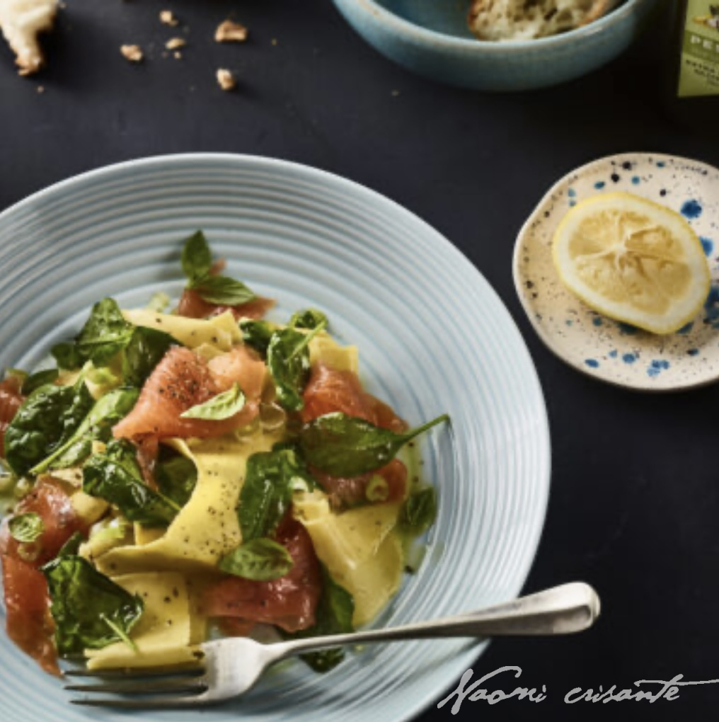 Torn Pasta with Smoked Salmon, Spinach and Olive Oil